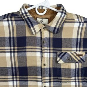 Legendary Whitetails Buck Camp Flannel Shirt Mens 2XL Navy Tan Plaid Cotton EUC
